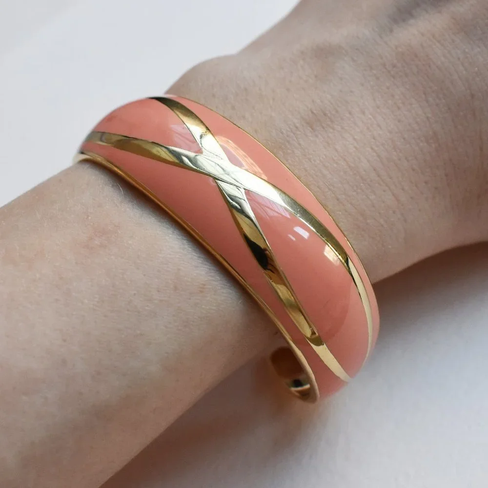 Blush orange enamel stud earrings, cuff bangle bracelet, gold summer jewelry set